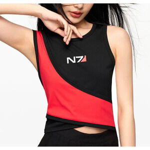 Mass Effect N7 Crop Top Women's Size Small Black Red Asymmetrical Bioware NWT